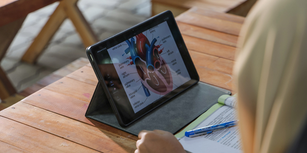 Student studying on laptop in library